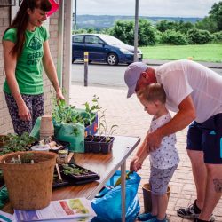 Photo of a young boy trying gardening at a participation event